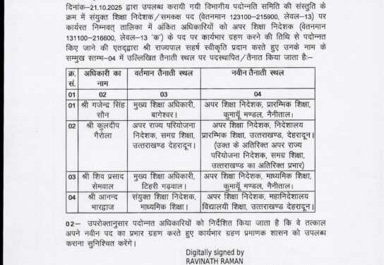 बिग न्यूज : शिक्षा विभाग में इन अधिकारियों को मिला प्रमोशन, देखें लिस्ट