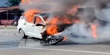 दर्दनाक हादसा : कार और बाइक की टक्कर, दोनों वाहनों में लगी आग, एक की मौत एक घायल